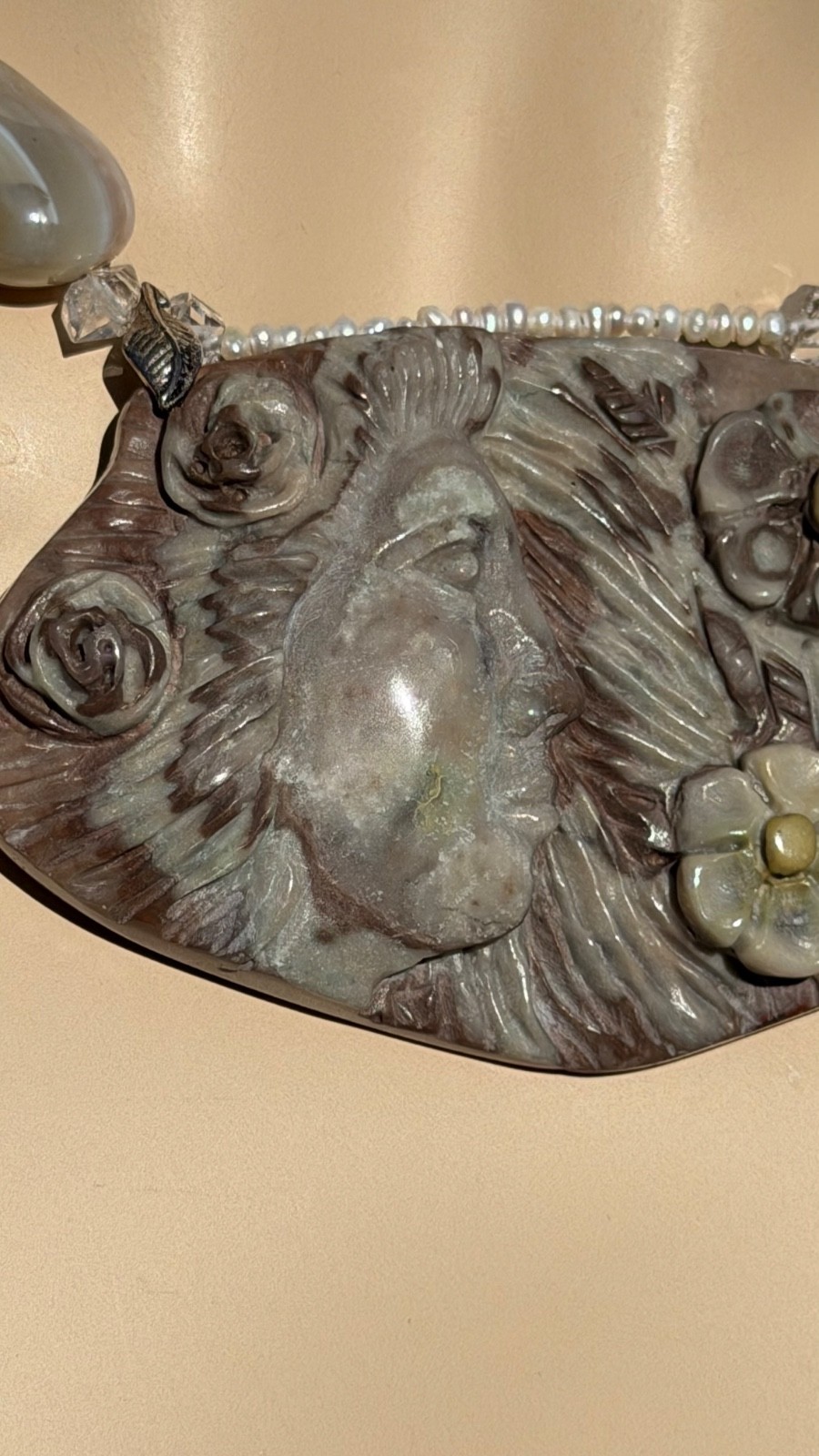 HAND CARVED EARTH MOTHER POLYCHROME JASPER PENDANT NECKLACE AND EARRING SET