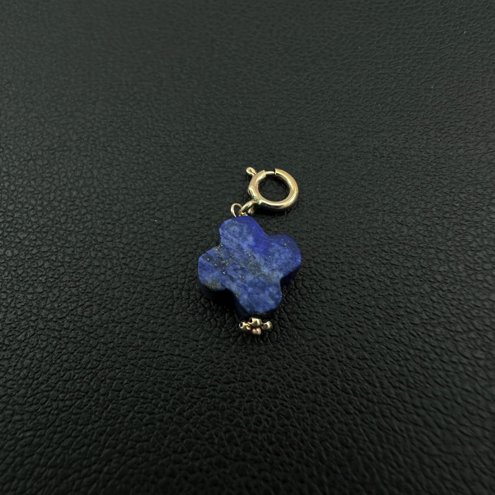 14K Solid Yellow Gold Lapis Lazuli Clover Small Charm Pendant w/Spring Clasp