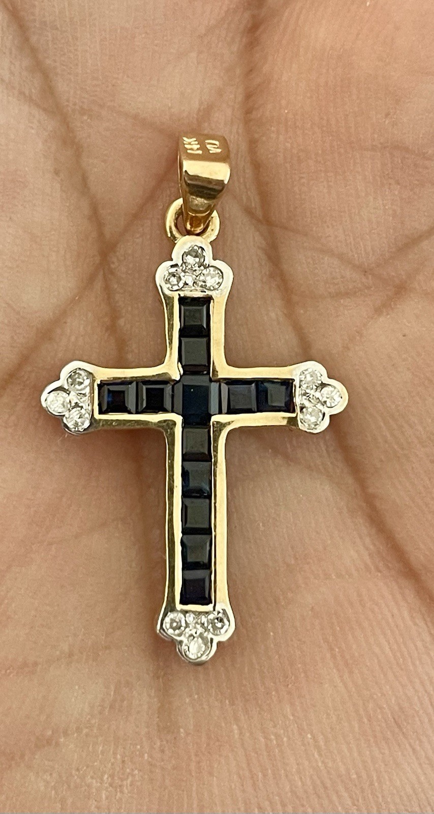 14KT Y/W Gold 1.00CTW Blue Sapphire & 0.12CTW Diamond Cross Pendant (K142)