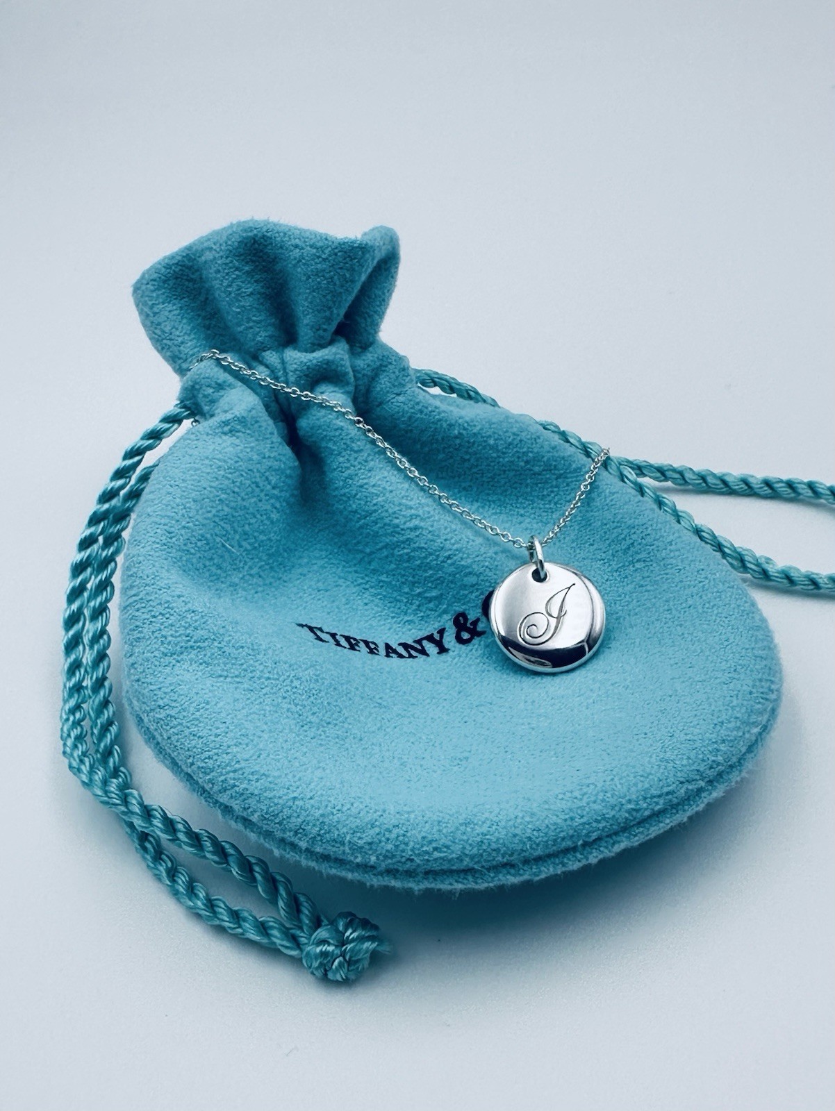 Tiffany & Co. Retired Notes Letter J Disc Charm Necklace 16” in Silver w Pouch