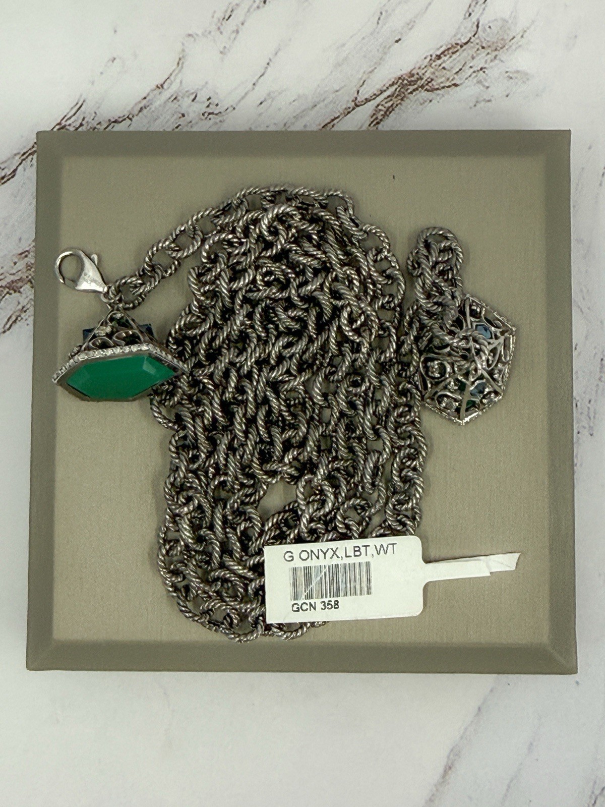 Ellure 925 Green Onyx London Blue & White Topaz Convertible Lariat Necklace
