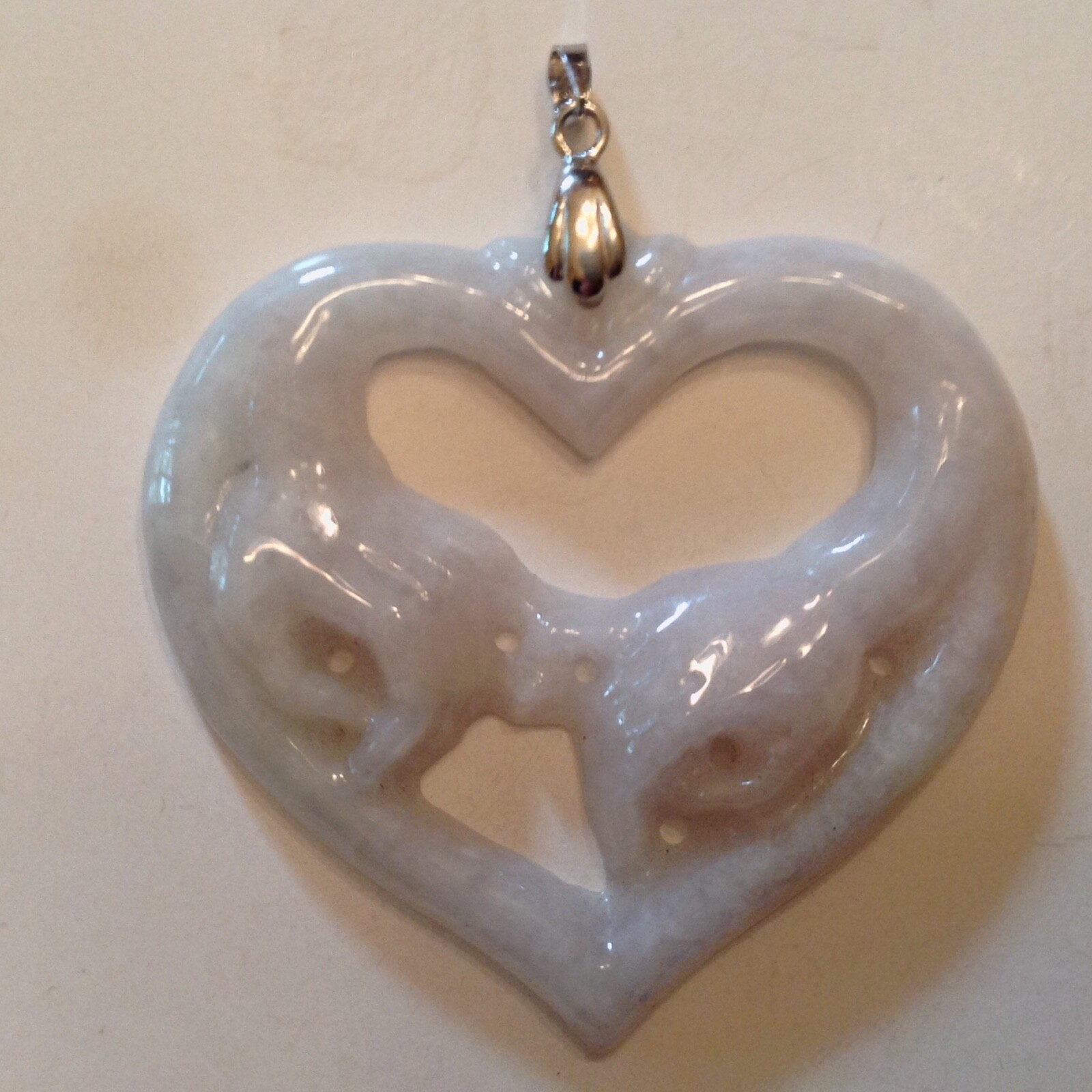~ Carved Jade / Jadeite Heart & Hands Design Pendant with Sterling Silver Bail