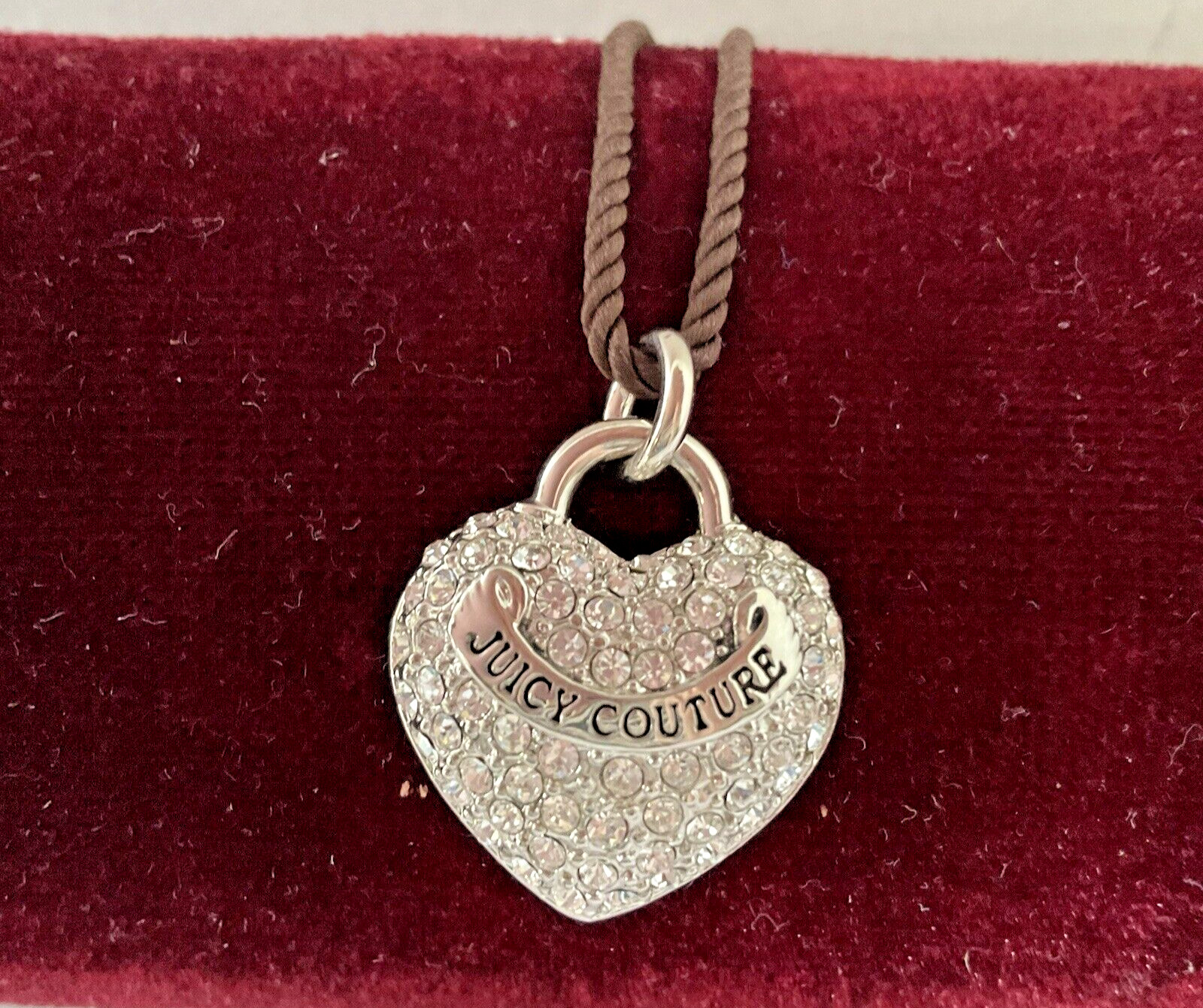 Juicy Couture Heart Pendant Necklace Brown Braided 14″ Rope Cord Pave Rhinestone
