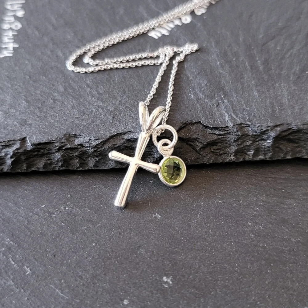 Sterling Silver Cross Charm Necklace with Birthstone
