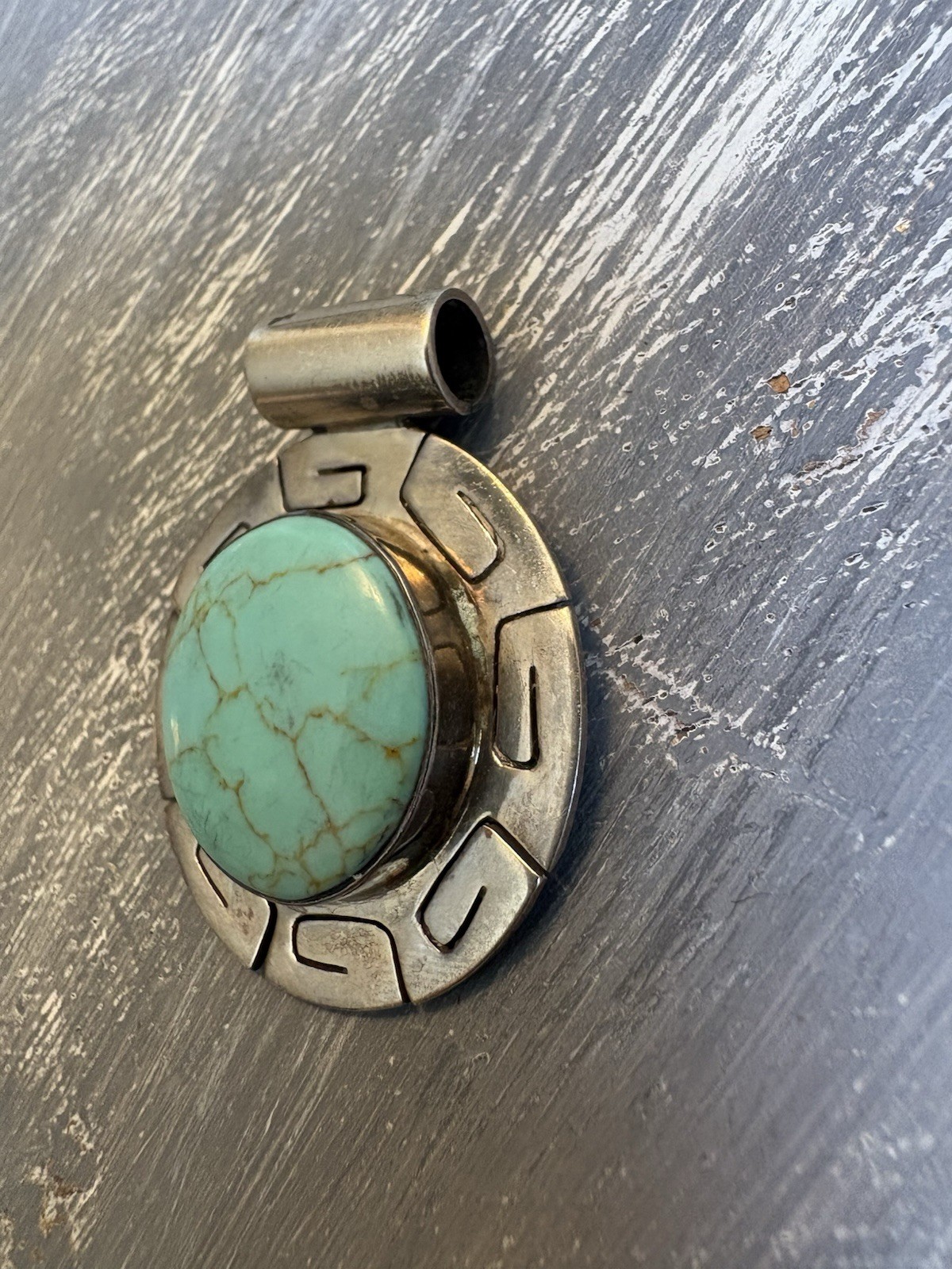 Signed 925 Sterling Silver Round Blue Turquoise color Bezel Set Pendant