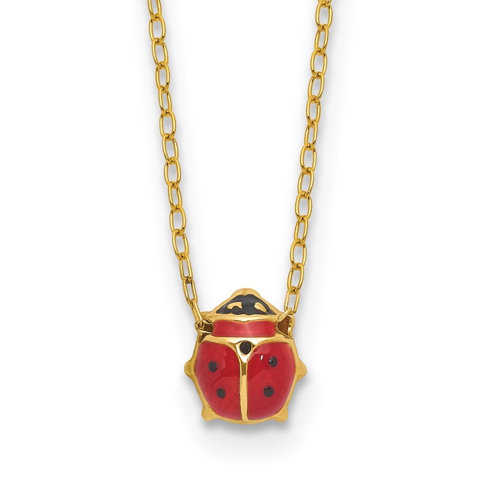 Real 14K Yellow Gold Enameled Ladybug Necklace; 16 inch; Women & Men