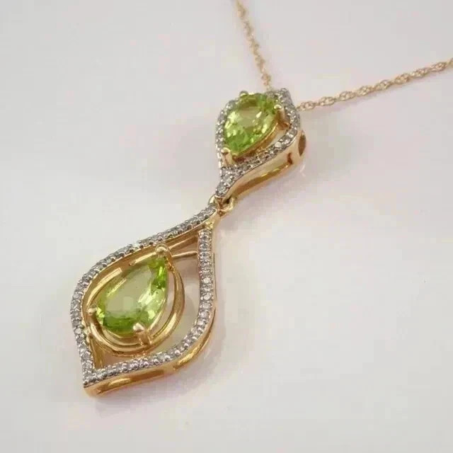 2Ct Pear Lab-Created Peridot 14K Yellow Gold Plated Women Halo Teardrop Pendant