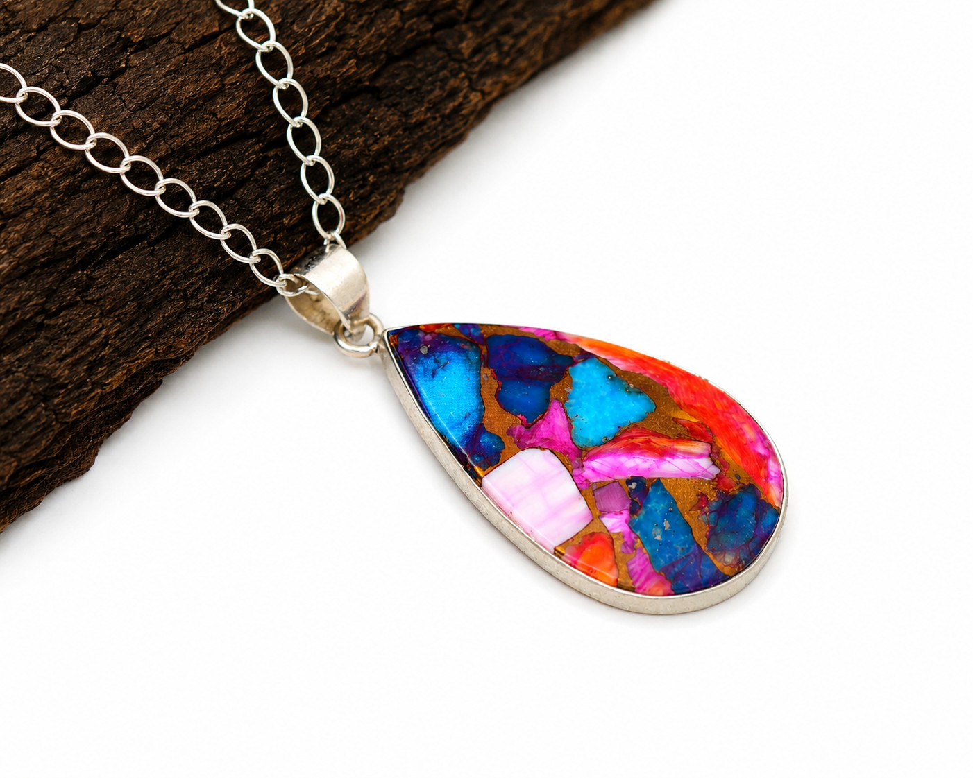 Kingman Spiny Oyster Turquoise Teardrop Pendant Necklace 925 Silver Free Chain