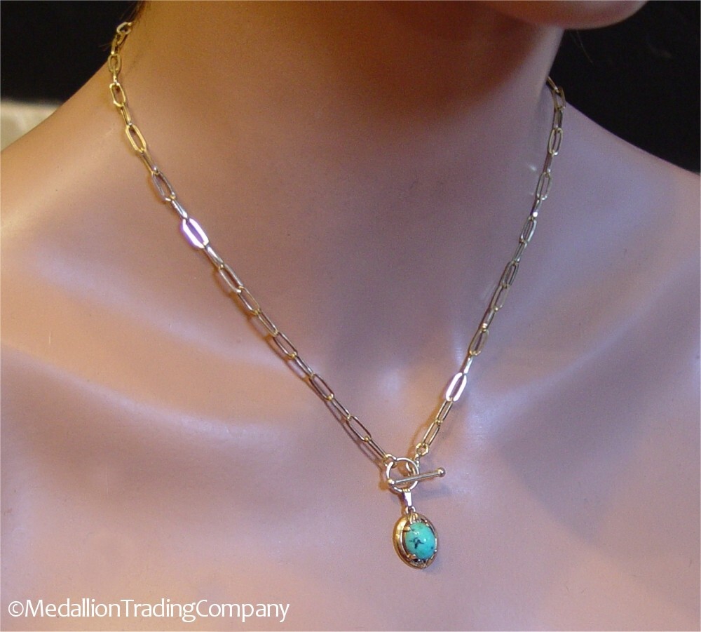 14k Yellow Gold Navaho Kingman Turquoise Native American Pendant Charm Clip Bail