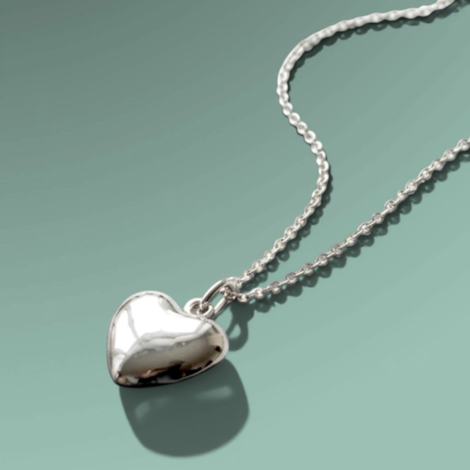 925 Solid Sterling Silver Puffed Heart Pendant Necklace Made In Italy – 18″