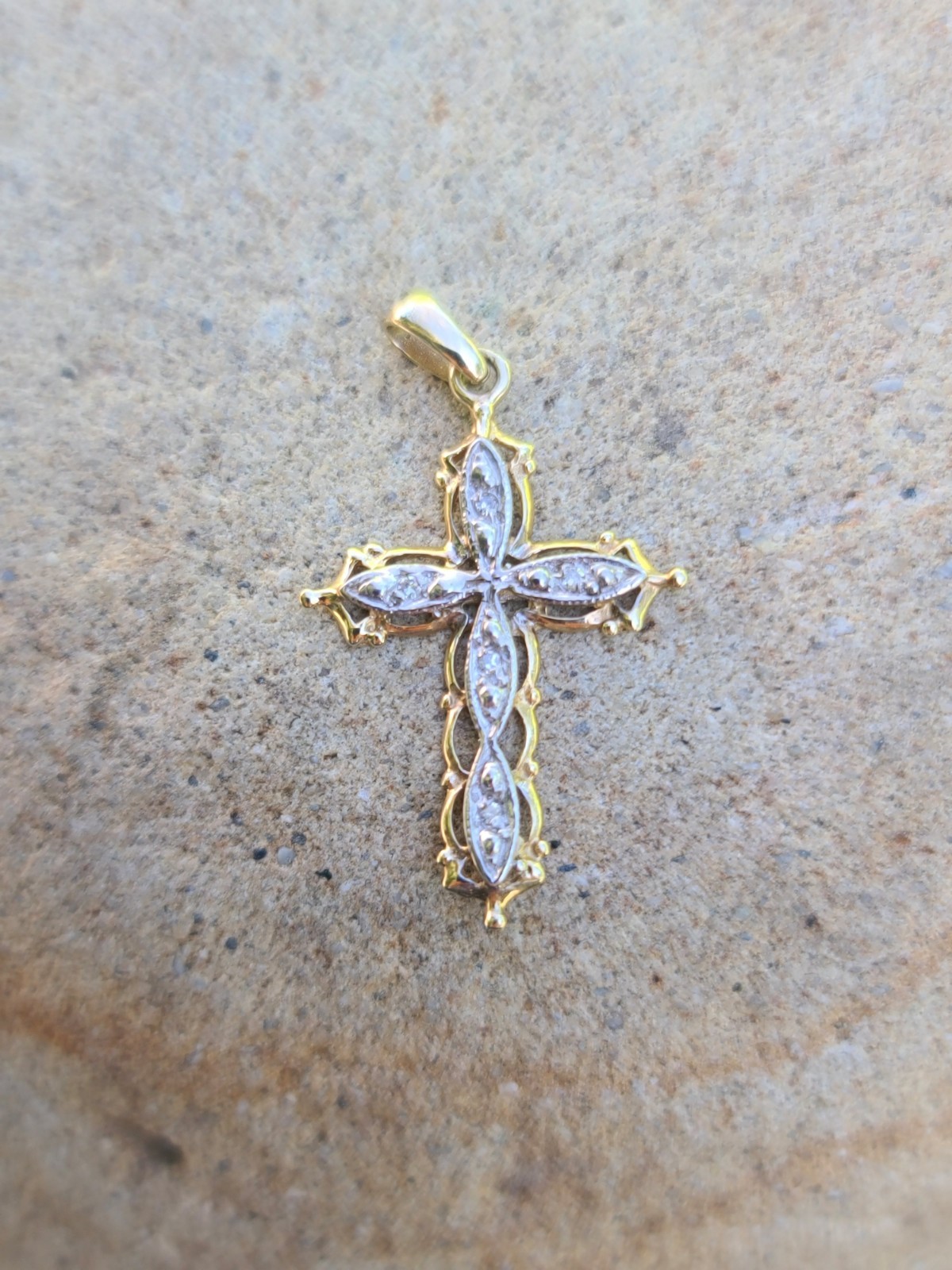 10k Solid Yellow & White Gold Diamond Cross Necklace Pendant 1.22″ Signed .99g