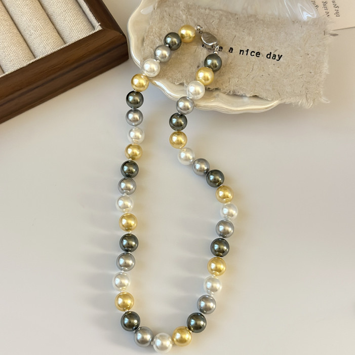 17″ Beautiful 7-9mm south sea white black gold gray round pearl necklace silver