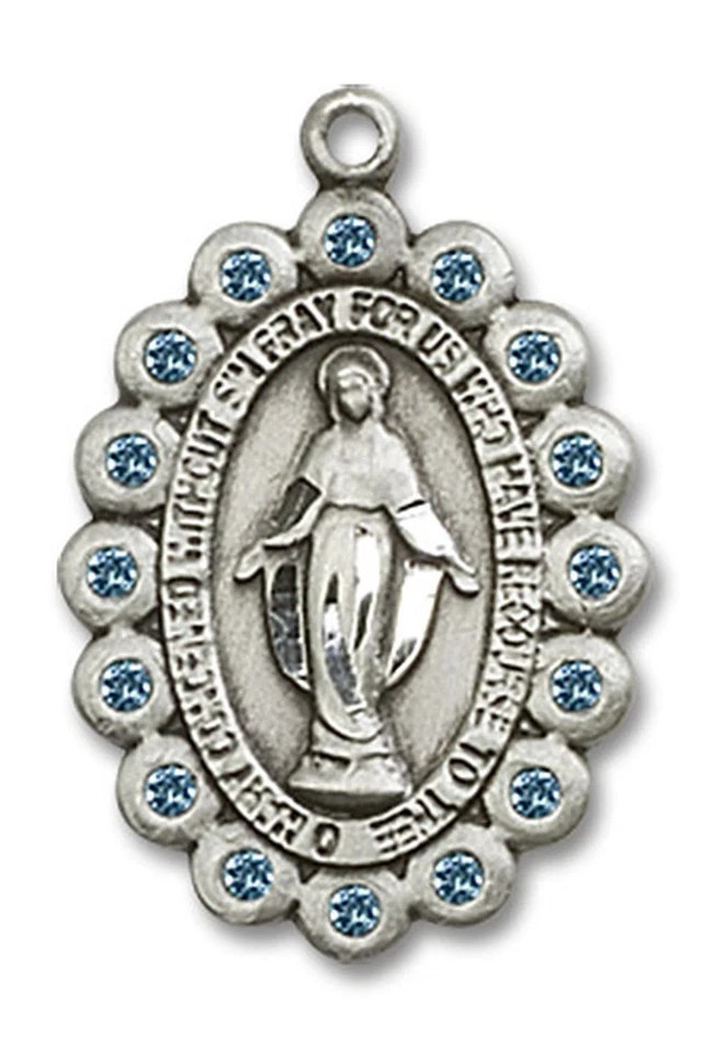 Sterling Silver Miraculous March Color Month Virgin Mary Necklace 18″ Chain