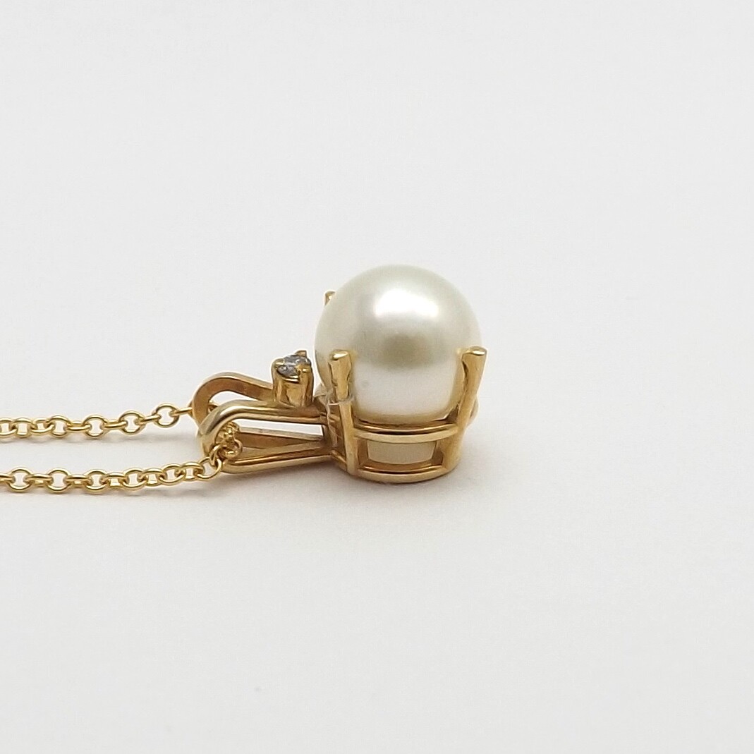 14k Gold Akoya Pearl Diamond Pendant Necklace June Birthstone 16in New