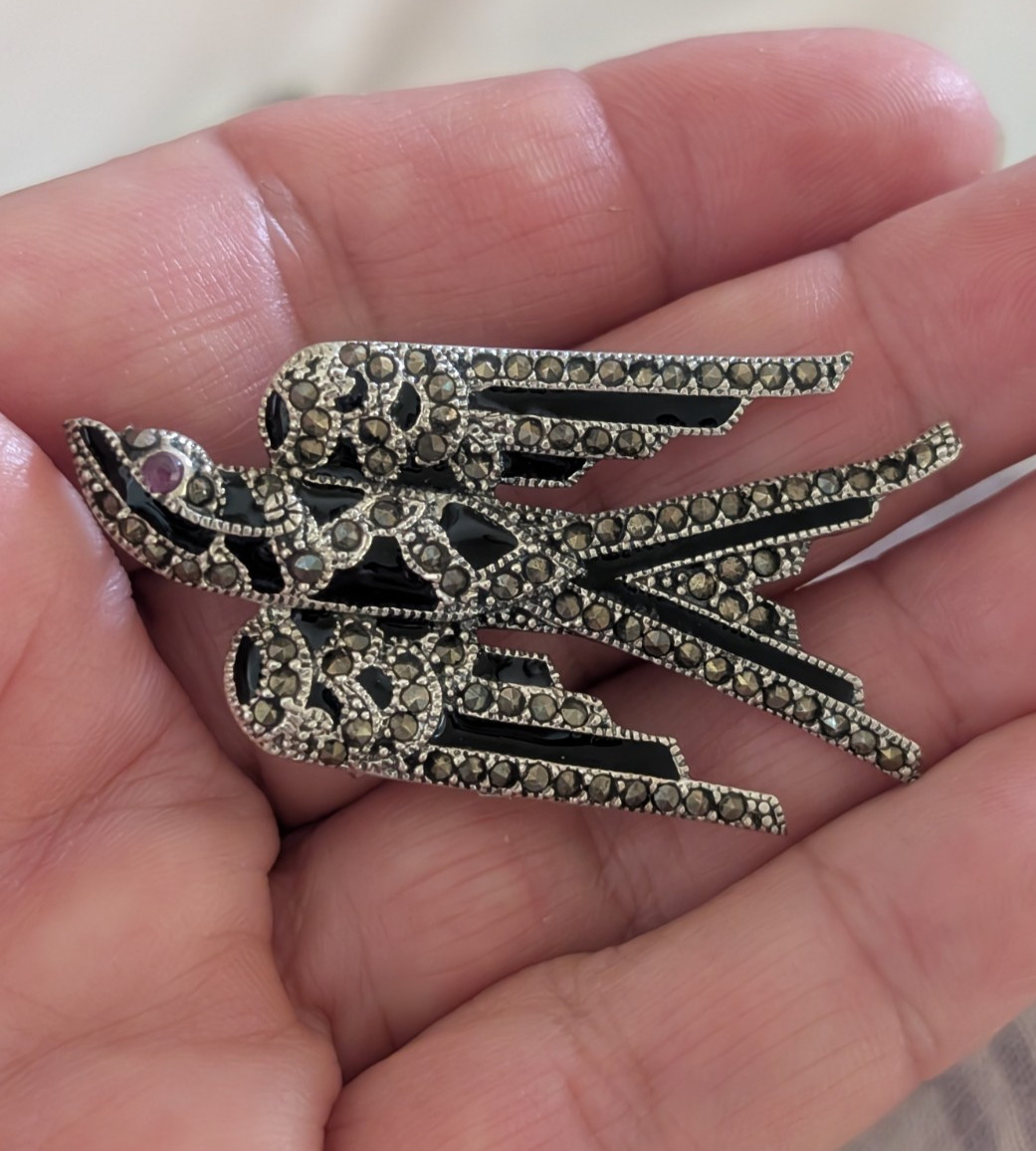 Beautiful Sterling black enamel and marcasite swallow pin/pendant