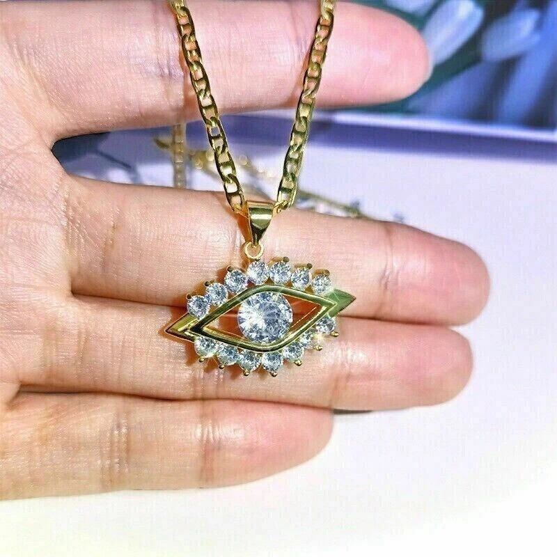 2Ct Round Cut Moissanite Evil Eye Pendant 14k Yellow Gold Plated Cable Chain 18″