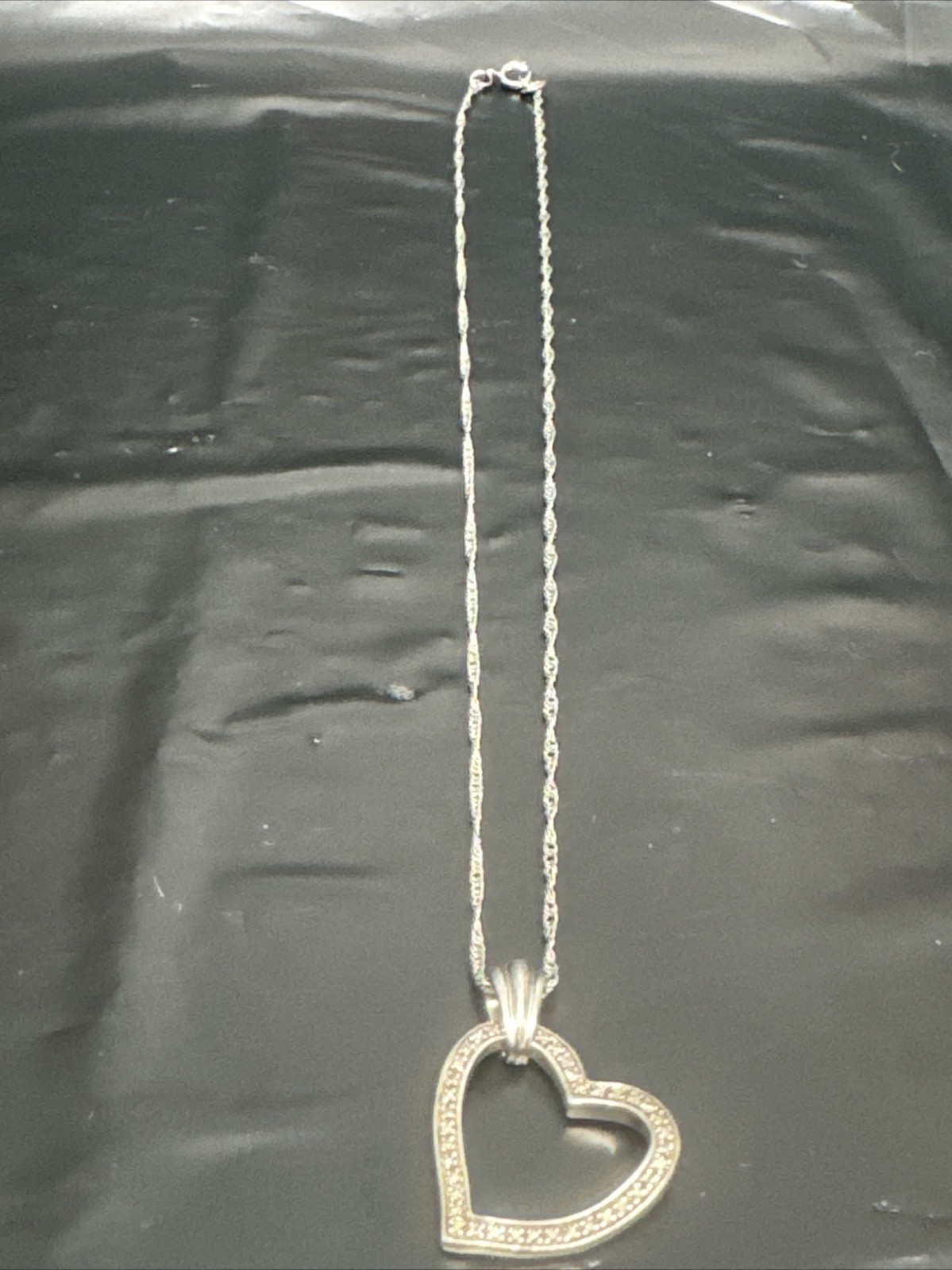 HN Heng Ngai 925 Sterling Silver Real Diamond Heart Rope Chain Necklace 16.25”