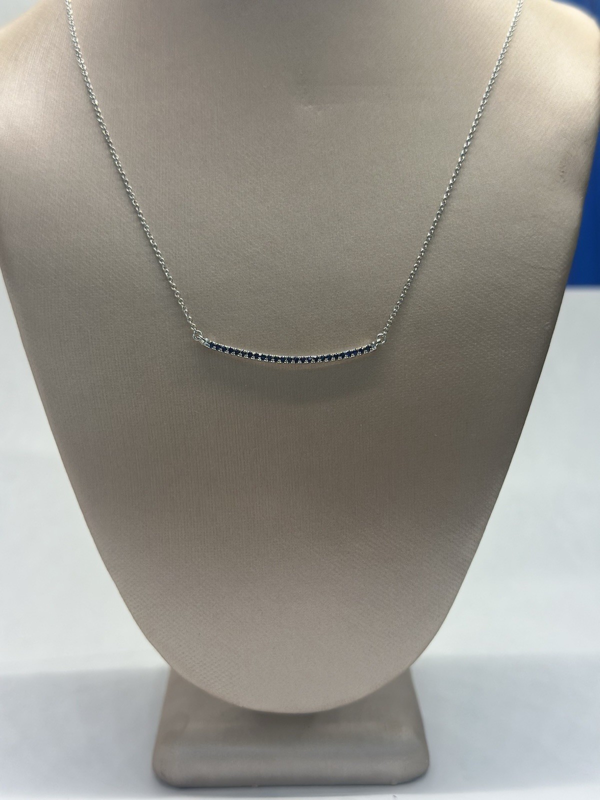 14K White Gold Blue Sapphire Curved Bar Pendant Necklace, Cable Chain,