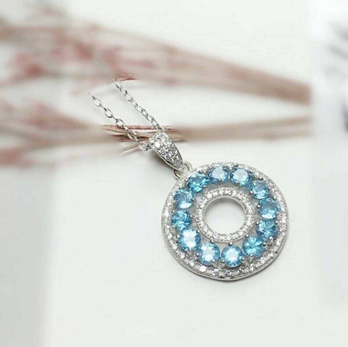 2.30Ct Round Lab-Created Blue Topaz Circle Pendant 14K White Gold Plated Silver