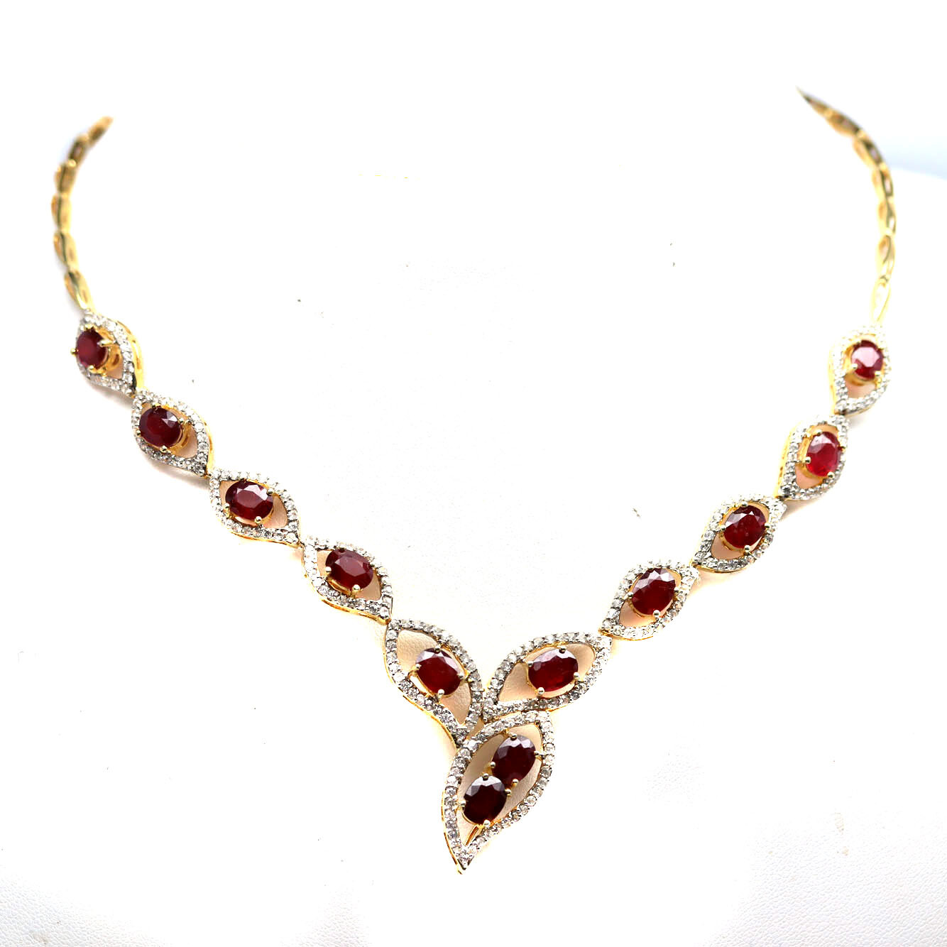Gemstone Heated Red Ruby Two Tone Necklace 17″ 925 Sterling Silver