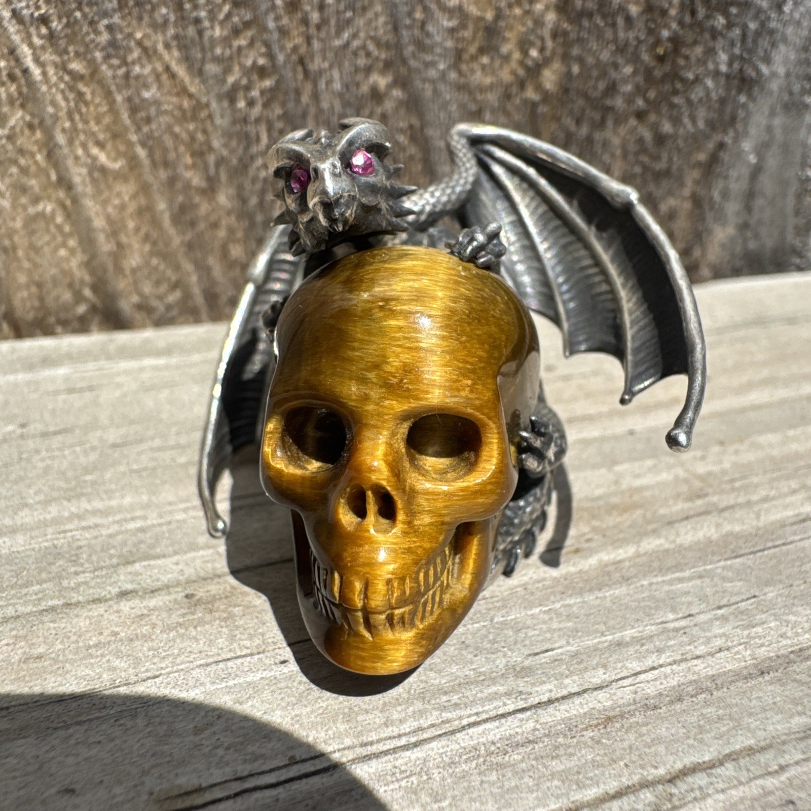 SKULLIS Tiger’s Eye Gemstone Carved SKULL and 925 Sterling Dragon Pendant