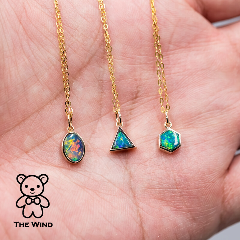 Minimalist Triangle Australian Doublet Opal Pendant Necklace 14K Yellow Gold