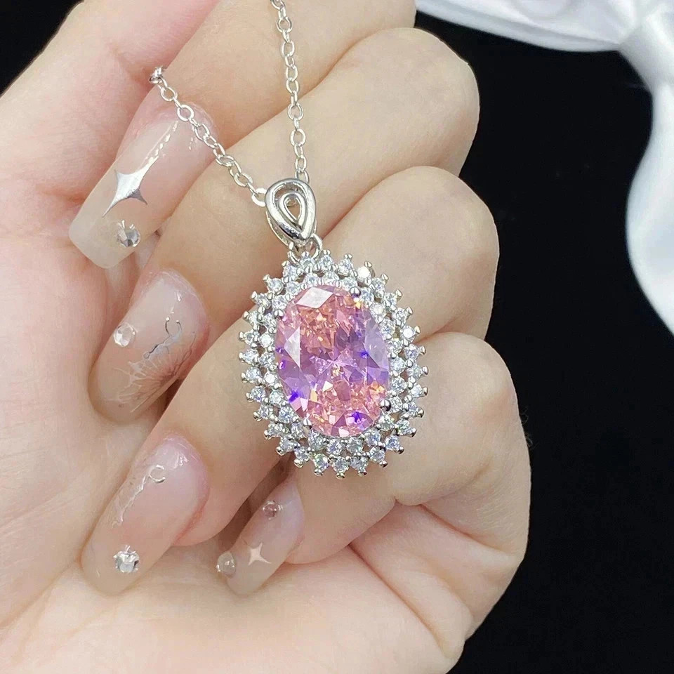 7.00Ct Oval Cut Natural Pink Sapphire & Diamond 14K White Gold Luxury Pendant