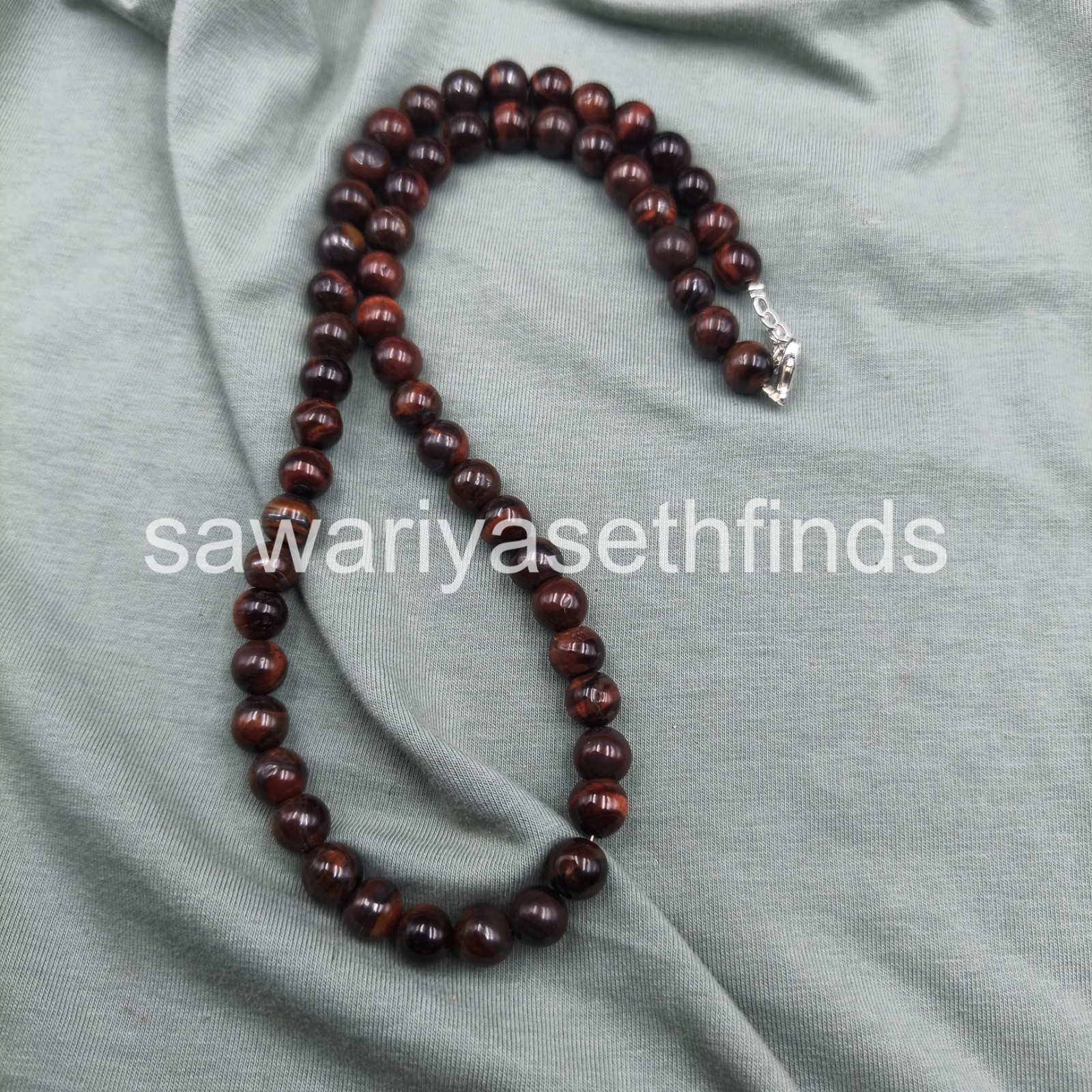 Red Tiger Eye 8mm Smooth Round Necklace, Sterling Silver Clasp, Bold Statement