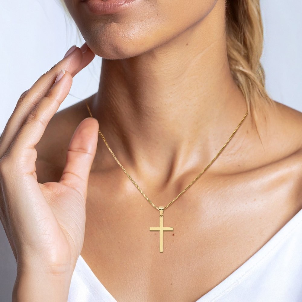 10K Solid Yellow Gold Extra Large Cross Pendant Necklace 38mm 1-1/2 inch