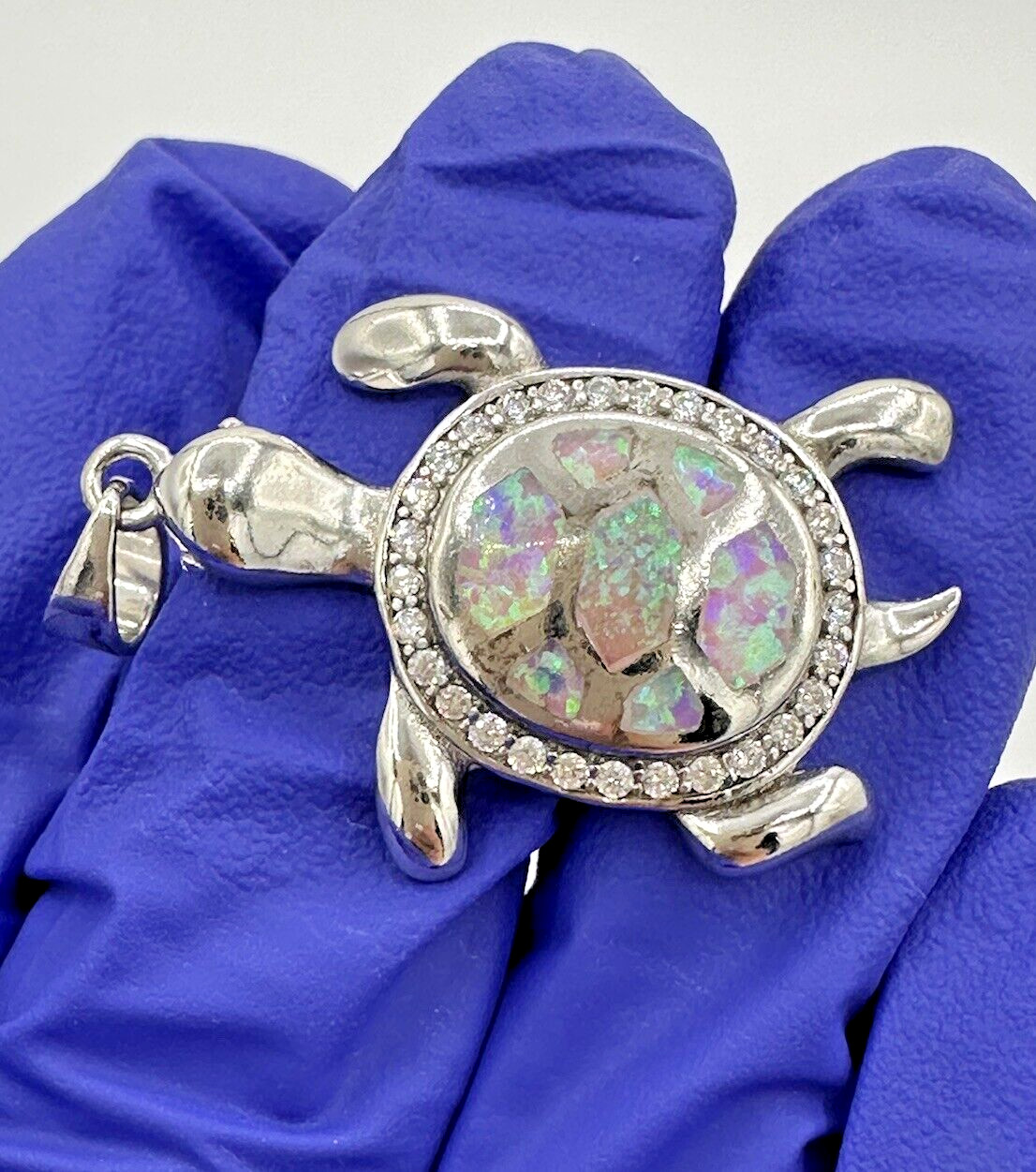 NEW Sterling Silver 925 Female Multicolor Opal Cute Sea Turtle Pendant 1.4”