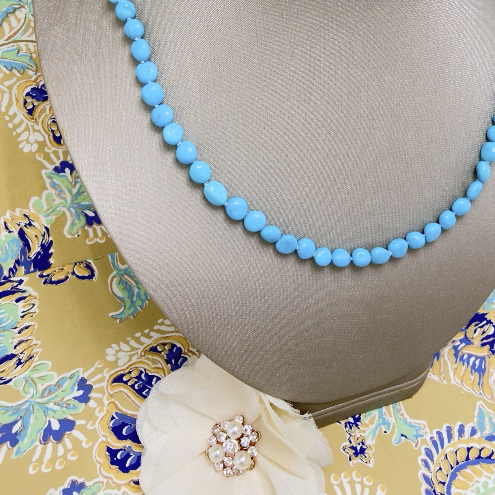 14k Yellow Gold Sleeping Beauty Turquoise Necklace, New, Adjustable 17.5-19.5″