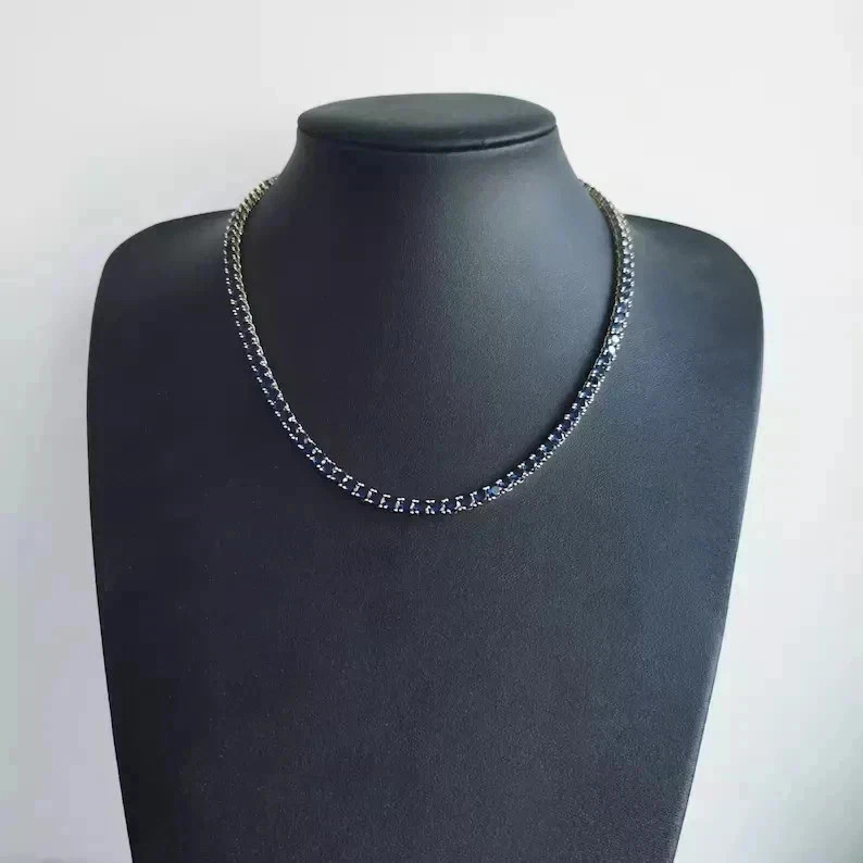 18Ct Round Cut Lab-Created Blue Sapphire Tennis Necklace 14K White Gold Plated