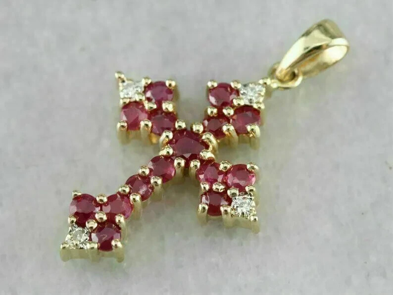 2.00 Ct Round Cut Red Ruby & Diamond Cross Pendant 14k Yellow Gold Over