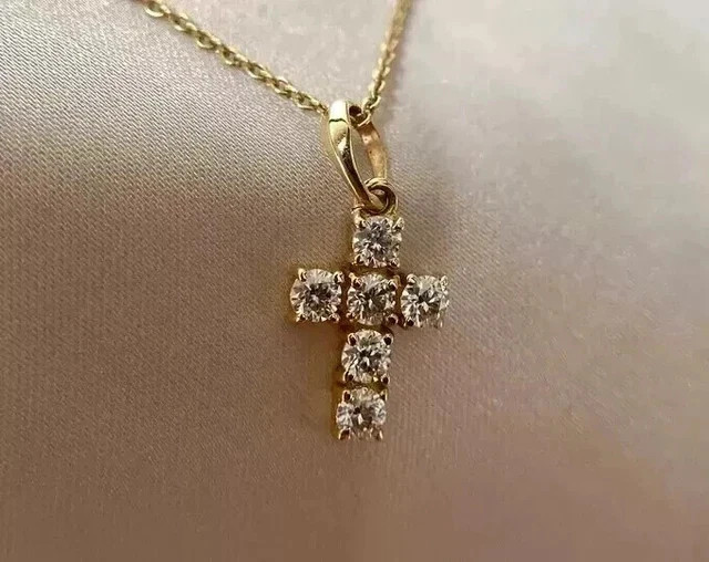 2Ct Round Cut Real Moissanite Cross Charm Pendant 14K Yellow Gold Plated