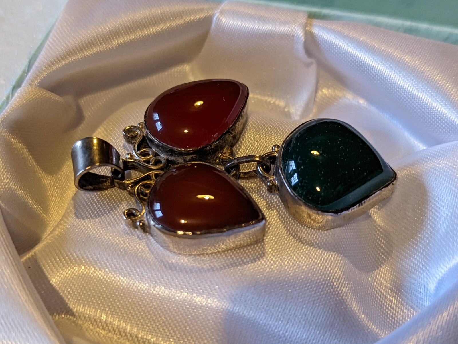 Vintage Hinged 3 Gemstone Pendant on German Silver Carnelian & Green 19g 55x35mm