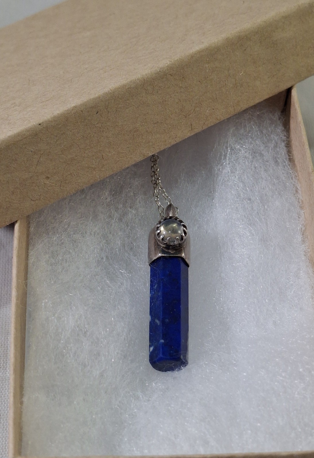 Vintage Sterling Silver Deep Blue Lapis Lazuli Point Moonstone Pendant Necklace