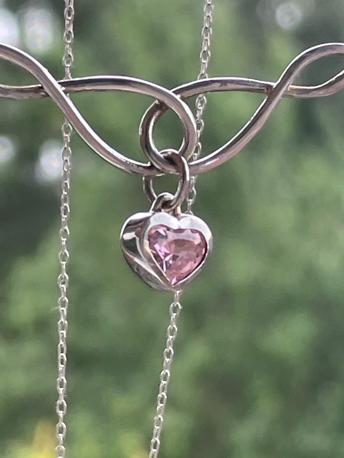 925 Sterling Silver Infinity Necklace Pink Heart Stone 40cm Celtic Inspired