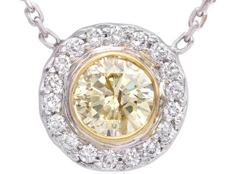 1.15 ct halo 0.63 Fancy Yellow GIA certified Round Diamond 14k Gold Necklace