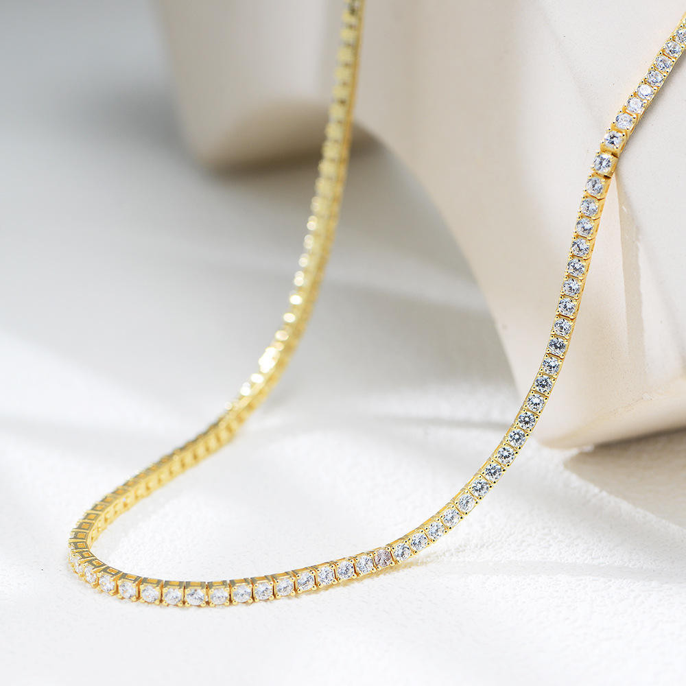 12Ct 4MM Real Moissanite Tennis Necklace 925 Silver 14K Yellow Gold Finish VVS1