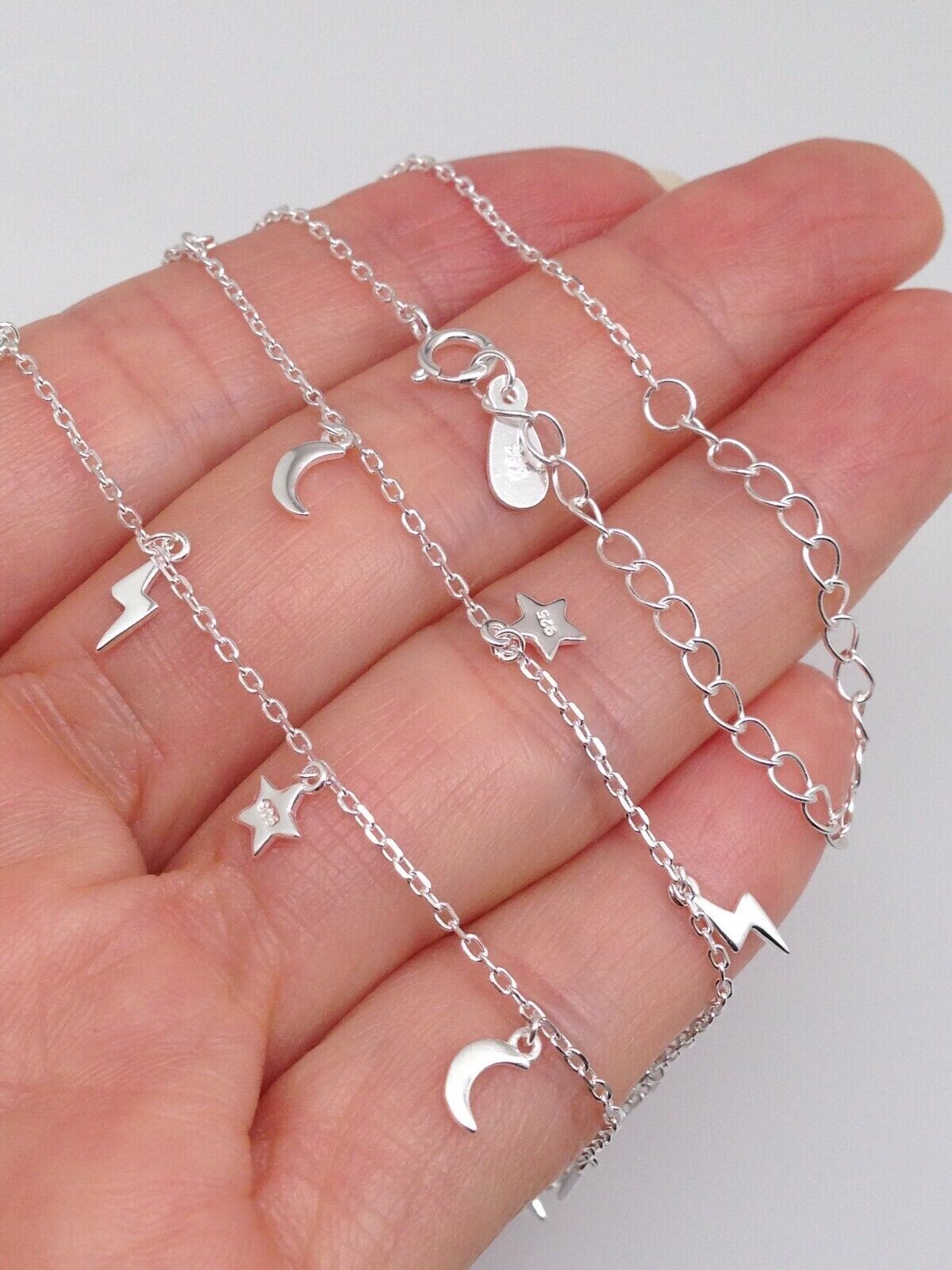 925 Sterling Silver Star Moon Lightning Station Choke Necklace Girls 6mm 15.5″