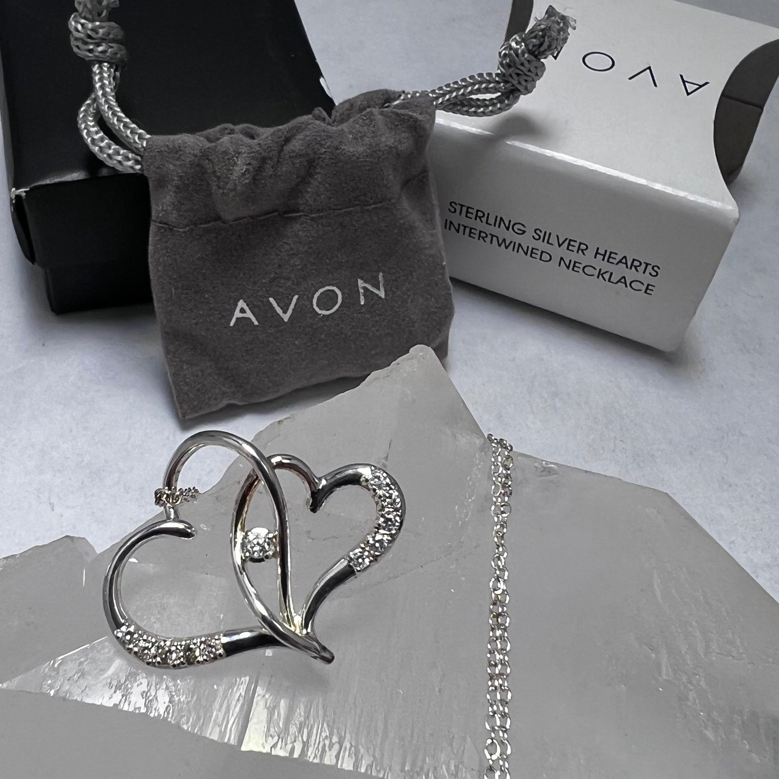 Avon Sterling Silver Intertwined Hearts Necklace Clear Stone Accents 925 Boxed