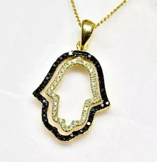 Hamsa Hand Pendant 2Ct Round Lab-Created Black Diamond 14K Two-Tone Gold Plated