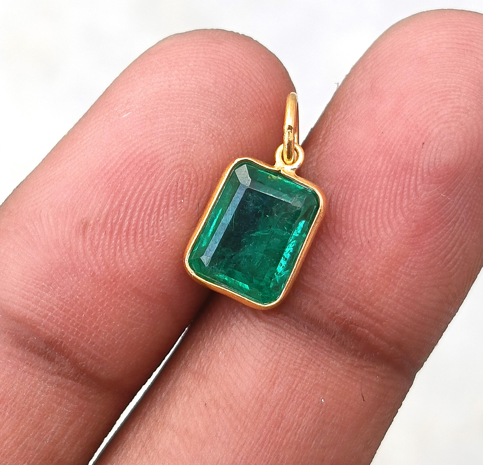 Emerald May Birthstone Pendant, 18K Solid Yellow Gold Rectangle Handmade Pendant