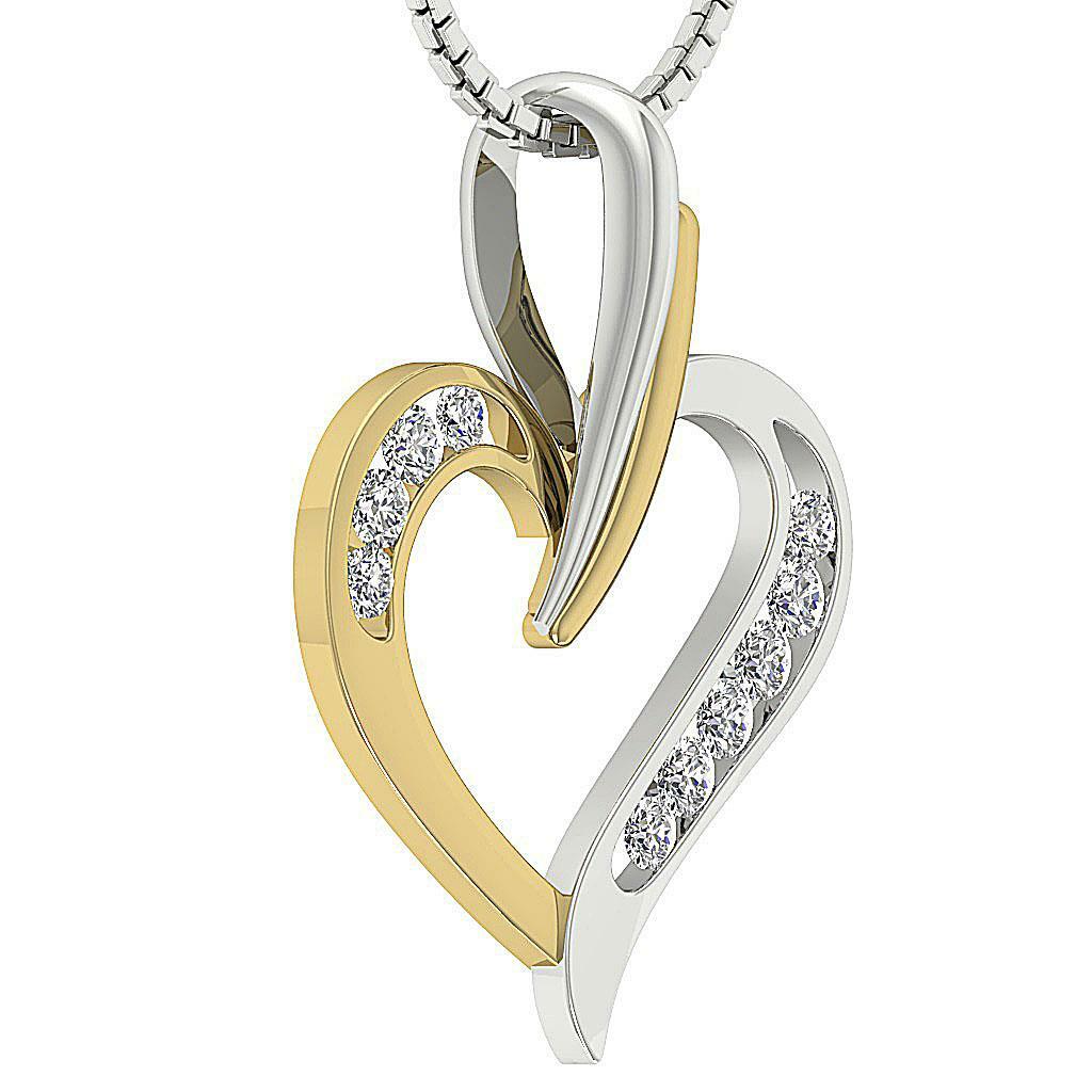 Heart Pendant Necklace SI1 G 0.40 Ct Round Diamond 14K Two-Tone Gold Channel Set