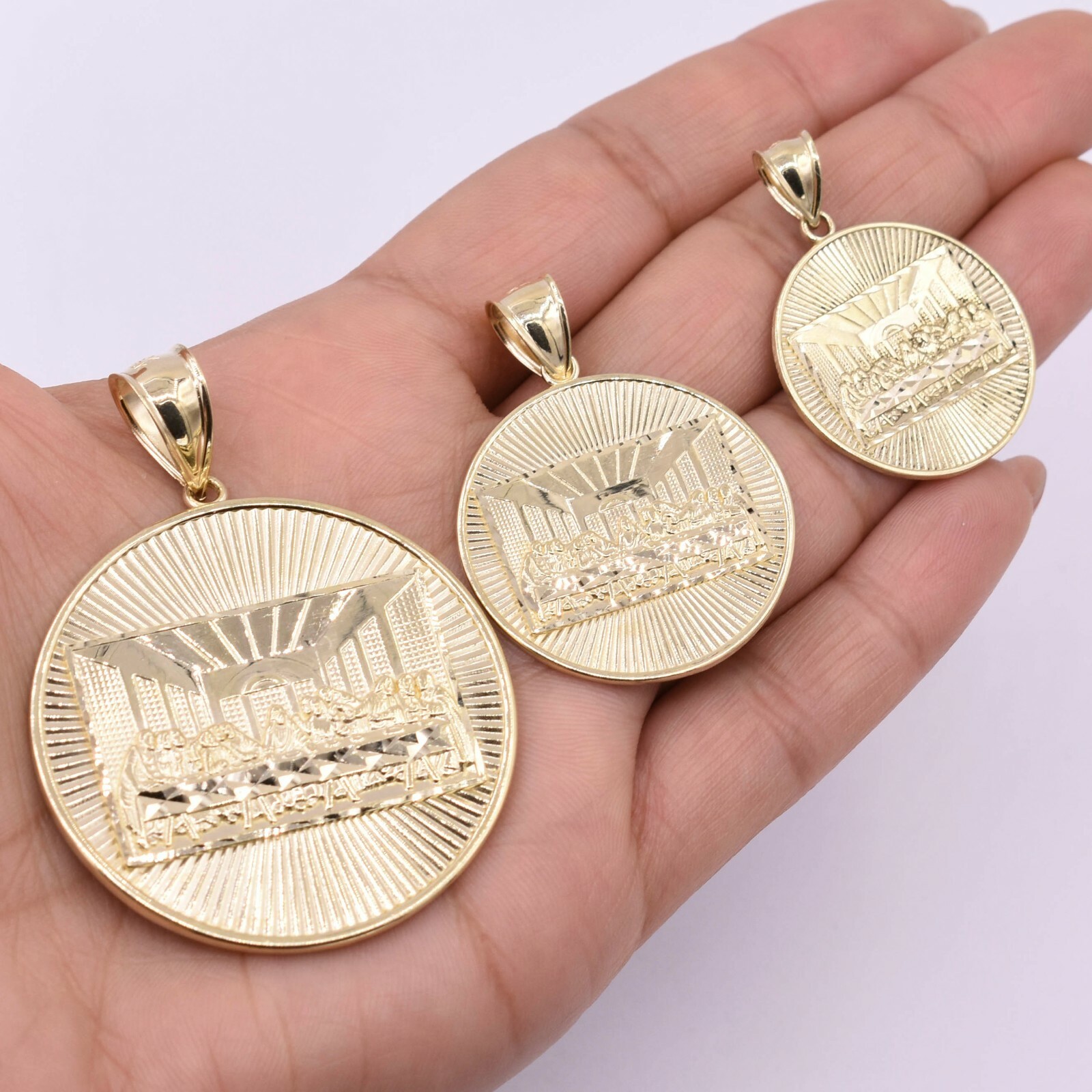 Round Last Supper Diamond-Cut Medallion Charm Pendant Real Solid 10K Yellow Gold