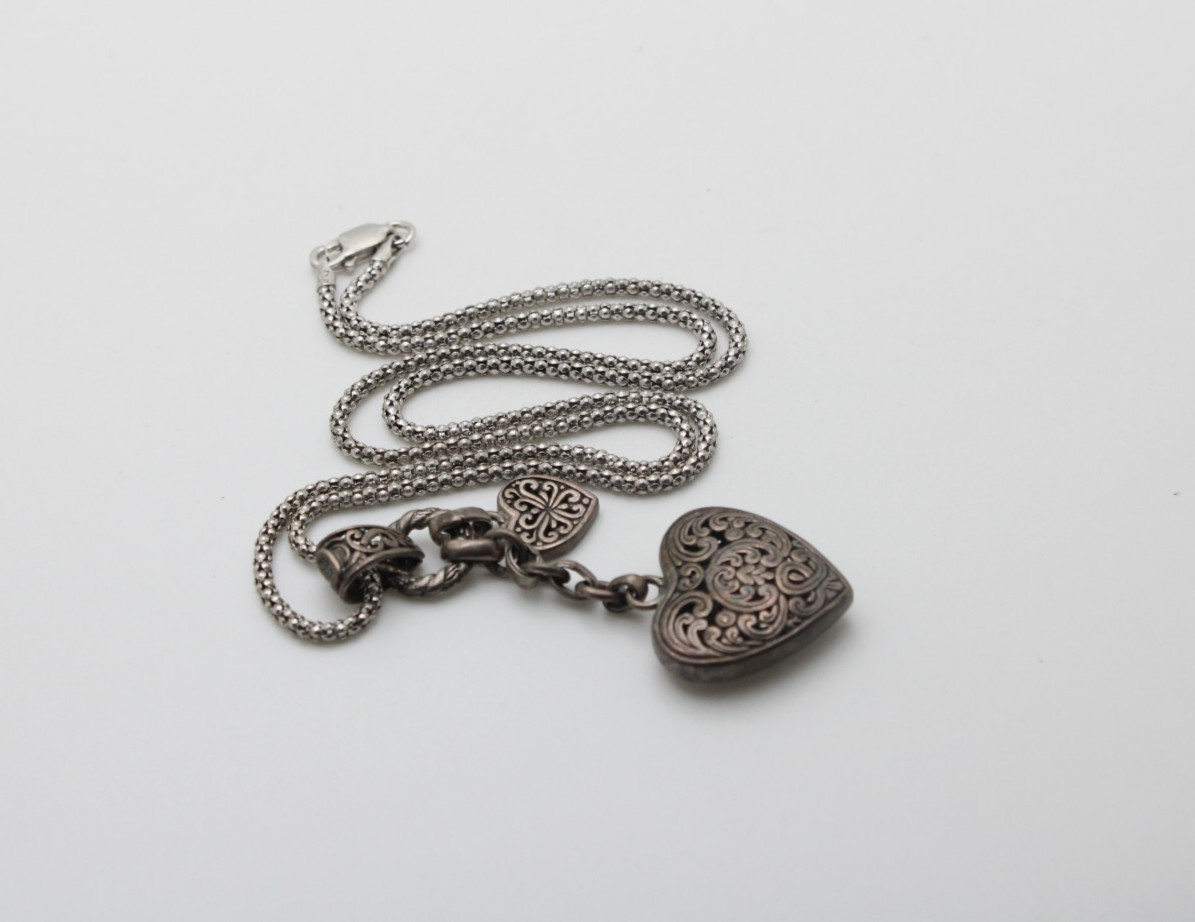 Vintage 925 Sterling Silver Filigree Fancy Heart Dangle Lariat Popcorn Necklace