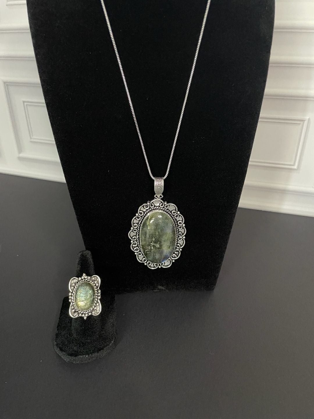 Labradorite Oval Gemstone Ring and Pendant Necklace Set in German Silver