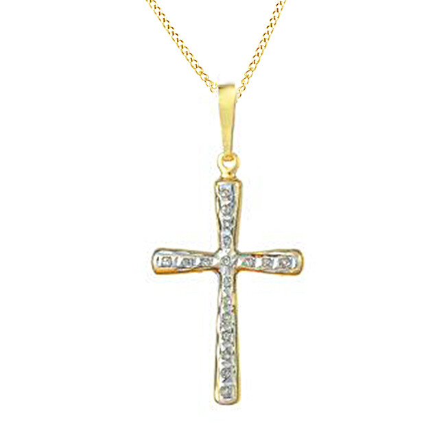 0.09 Ct Natural Diamond Accents Cross Pendant 18″ Rope Solid 14K Yellow Gold