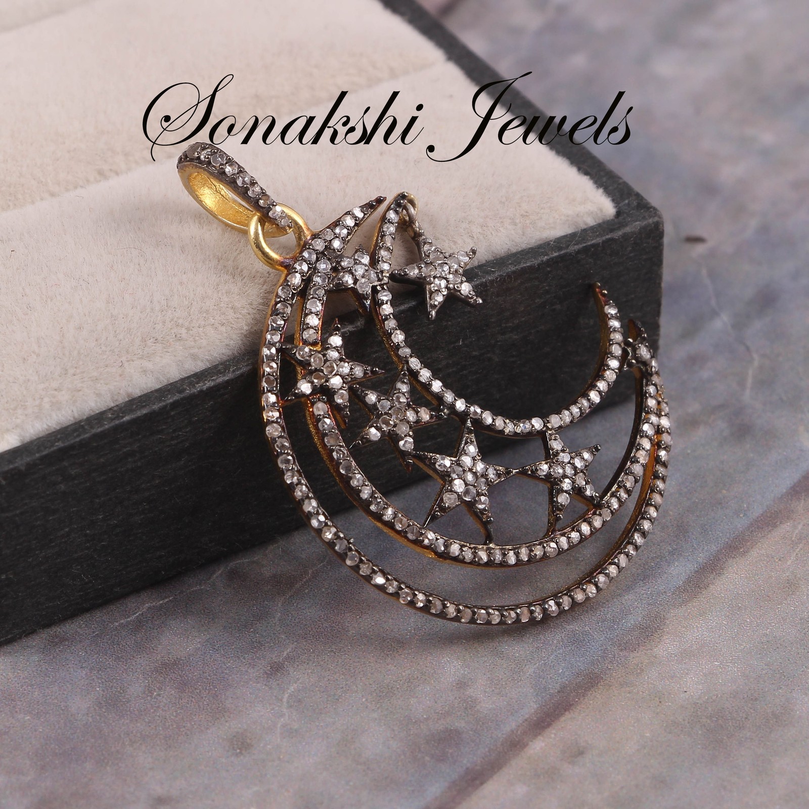 Rose Cut Diamond Moon Star Pendant: Handmade 925 Sterling Silver Pendent