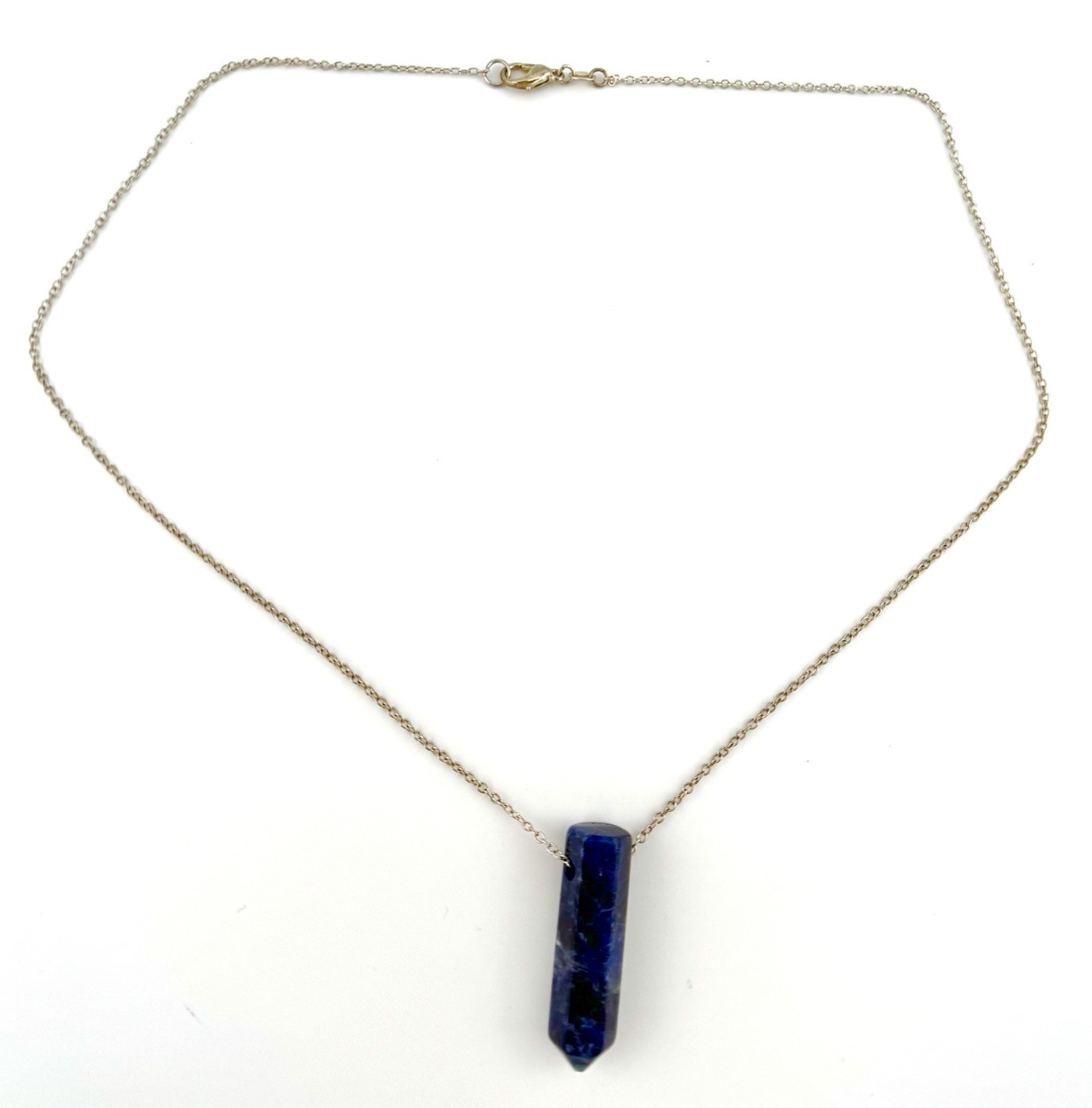 925 Sterling Silver Lapis Lazuli Point Pendant Necklace Blue Crystal 20″